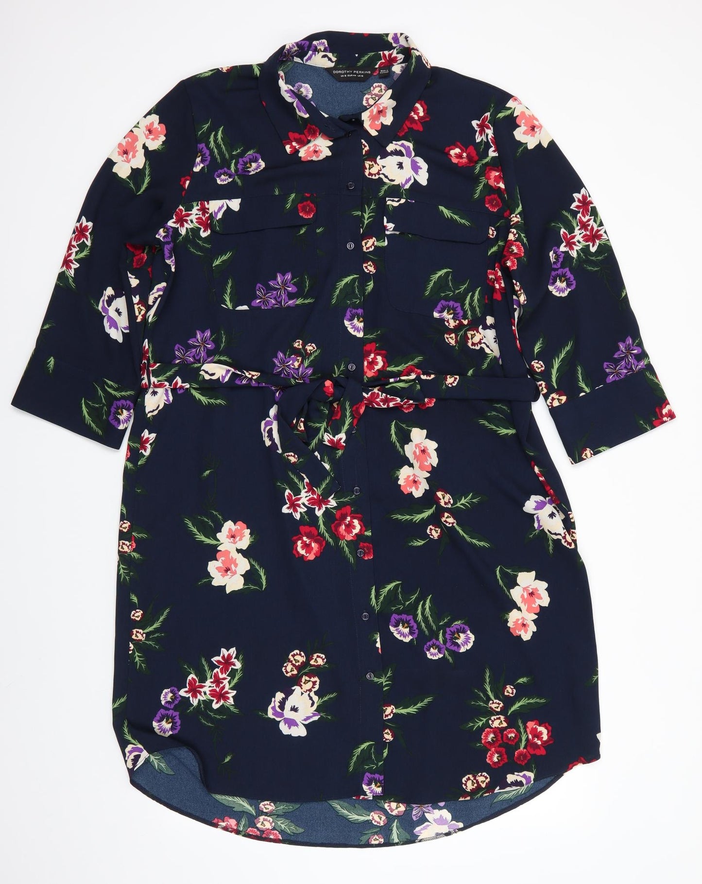 Dorothy Perkins Womens Blue Floral Polyester Shirt Dress  Size 16  Collared Button - Red Purple Coral Burgandy flowers