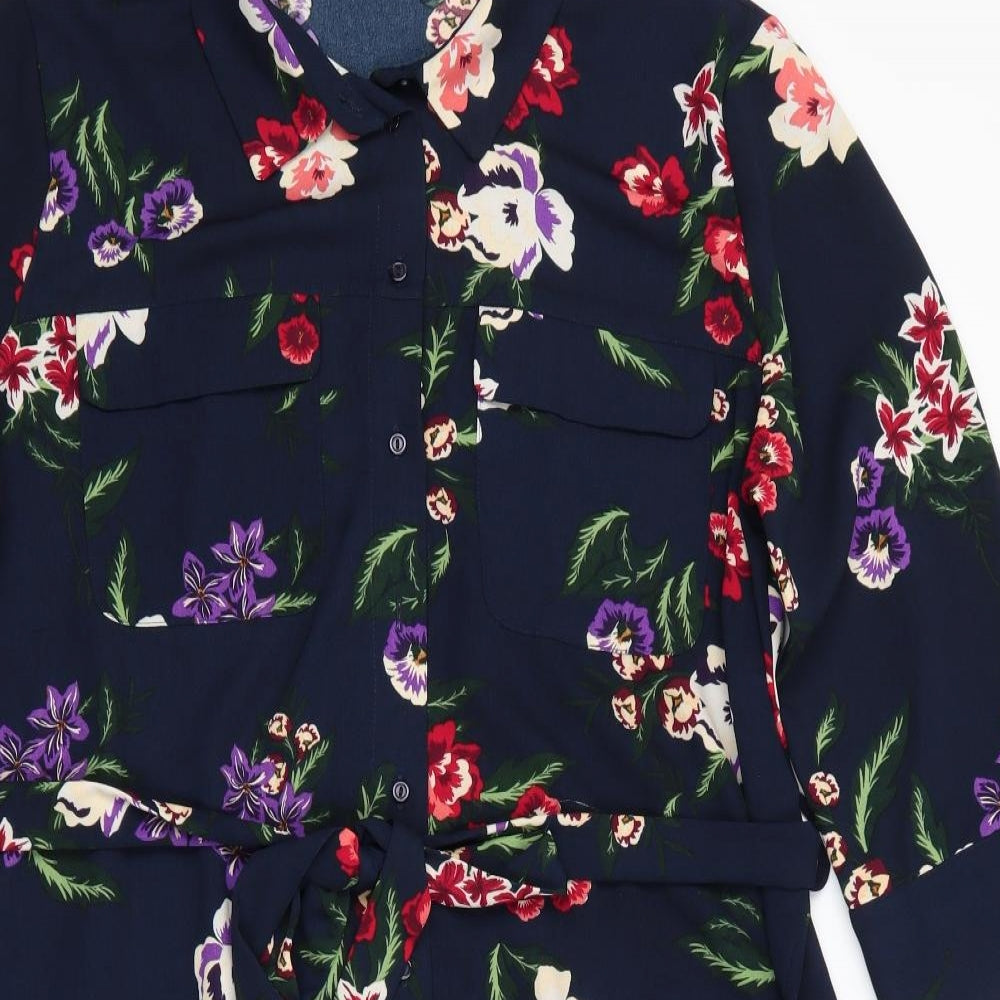 Dorothy Perkins Womens Blue Floral Polyester Shirt Dress  Size 16  Collared Button - Red Purple Coral Burgandy flowers