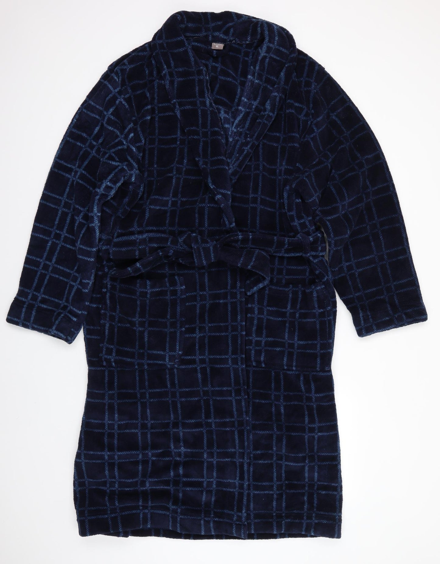 TU Mens Blue Check Polyester  Robe Size XL  Tie - Fluffy texture