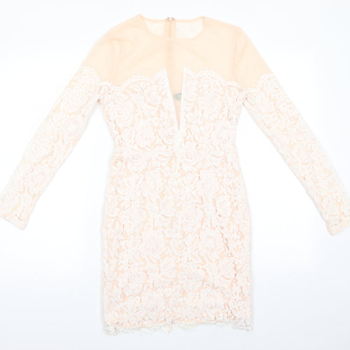 Missguided Womens Ivory Floral Polyester Bodycon  Size 10  Round Neck Zip - Peach with Lace Overlay Dress Sheer Shoulders