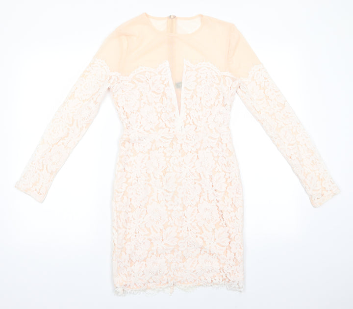 Missguided Womens Ivory Floral Polyester Bodycon  Size 10  Round Neck Zip - Peach with Lace Overlay Dress Sheer Shoulders