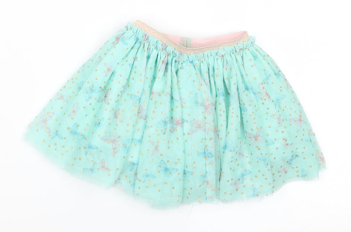 Primark Girls Green Animal Print Polyester Flare Skirt Size 9-12 Months Pull On - Mint Gree with Gold Glitter dots Pink & Blue Butterfly print Net overlay
