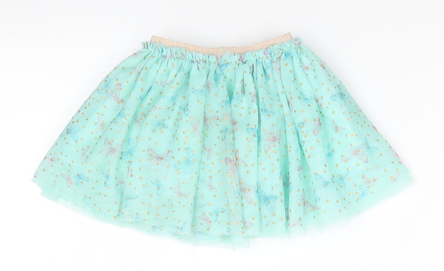 Primark Girls Green Animal Print Polyester Flare Skirt Size 9-12 Months  Pull On - Mint Gree with Gold Glitter dots Pink & Blue Butterfly print Net overlay