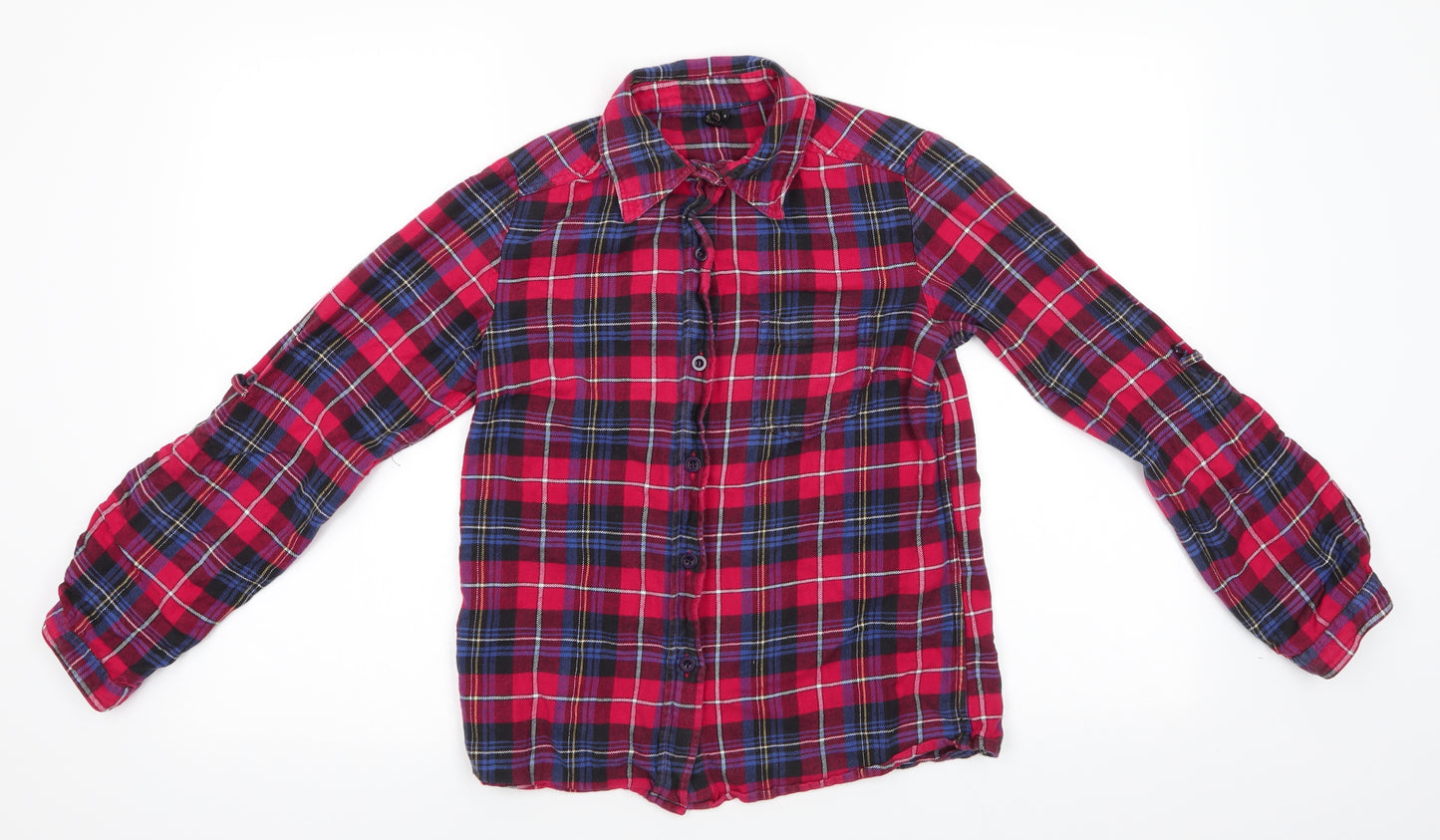 Topshop Womens Red Check Cotton Basic Button-Up Size 8 Collared - Red Blue White Check Adjustable length sleeves