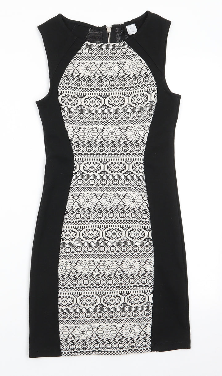 Divided Womens Black Geometric Polyester Bodycon Size 8 Round Neck Zip - Geometric panel front & back