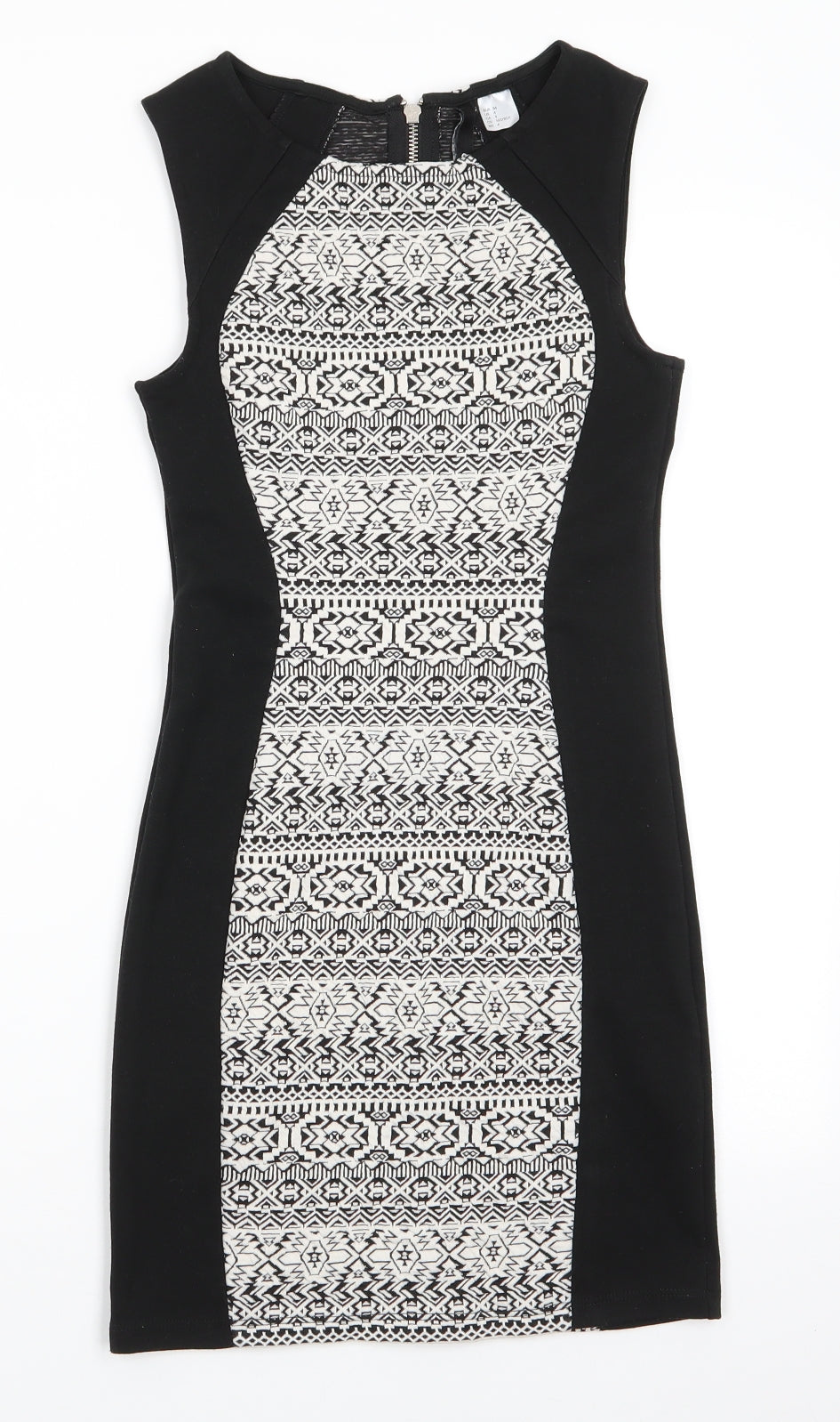 Divided Womens Black Geometric Polyester Bodycon  Size 8  Round Neck Zip - Geometric panel front & back