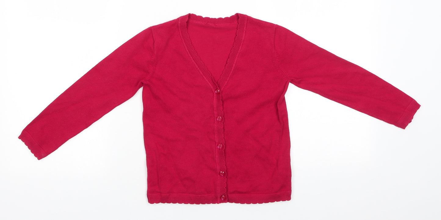 School Wear Girls Red V-Neck  Cotton Cardigan Jumper Size 7 Years  Button - Scalloped Edging