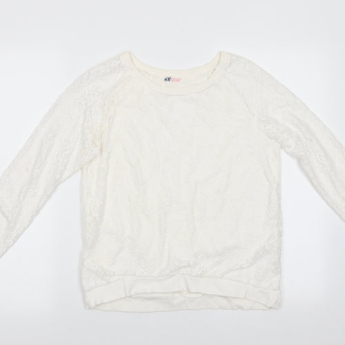 H&M Girls Ivory Floral Polyester Jersey Blouse Size 13-14 Years Round Neck Pullover - Lace Overlay