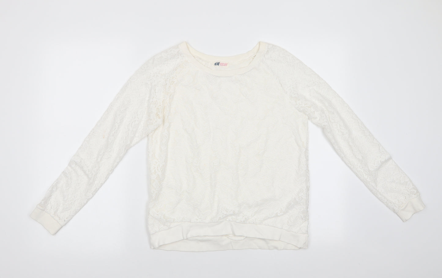 H&M Girls Ivory Floral Polyester Jersey Blouse Size 13-14 Years Round Neck Pullover - Lace Overlay