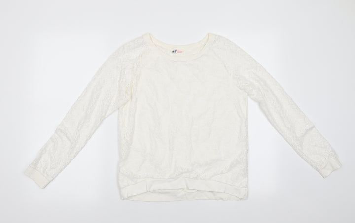 H&M Girls Ivory Floral Polyester Jersey Blouse Size 13-14 Years Round Neck Pullover - Lace Overlay