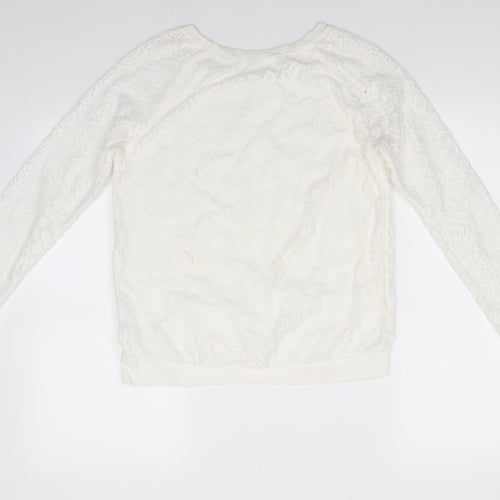 H&M Girls Ivory Floral Polyester Jersey Blouse Size 13-14 Years Round Neck Pullover - Lace Overlay