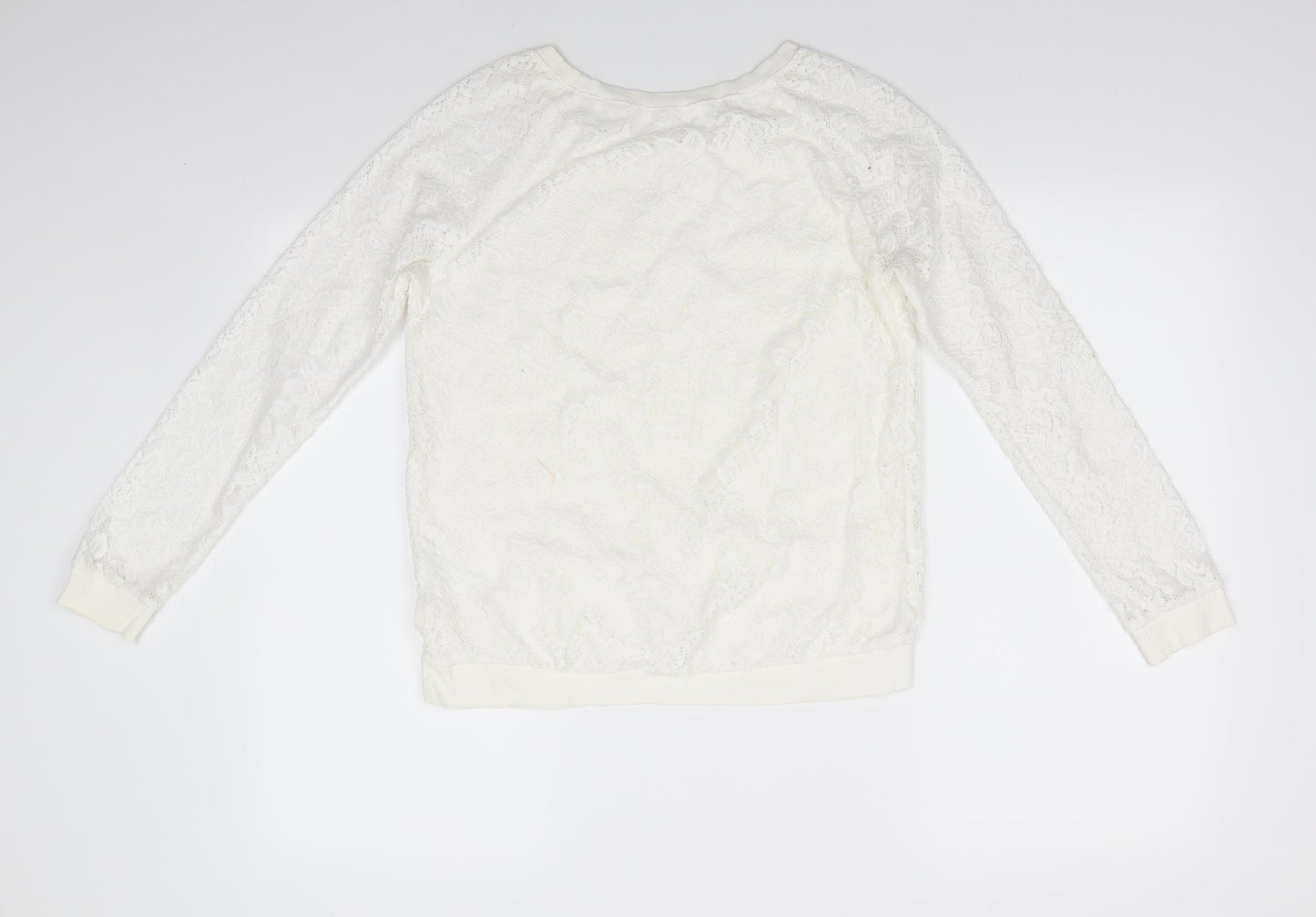H&M Girls Ivory Floral Polyester Jersey Blouse Size 13-14 Years Round Neck Pullover - Lace Overlay