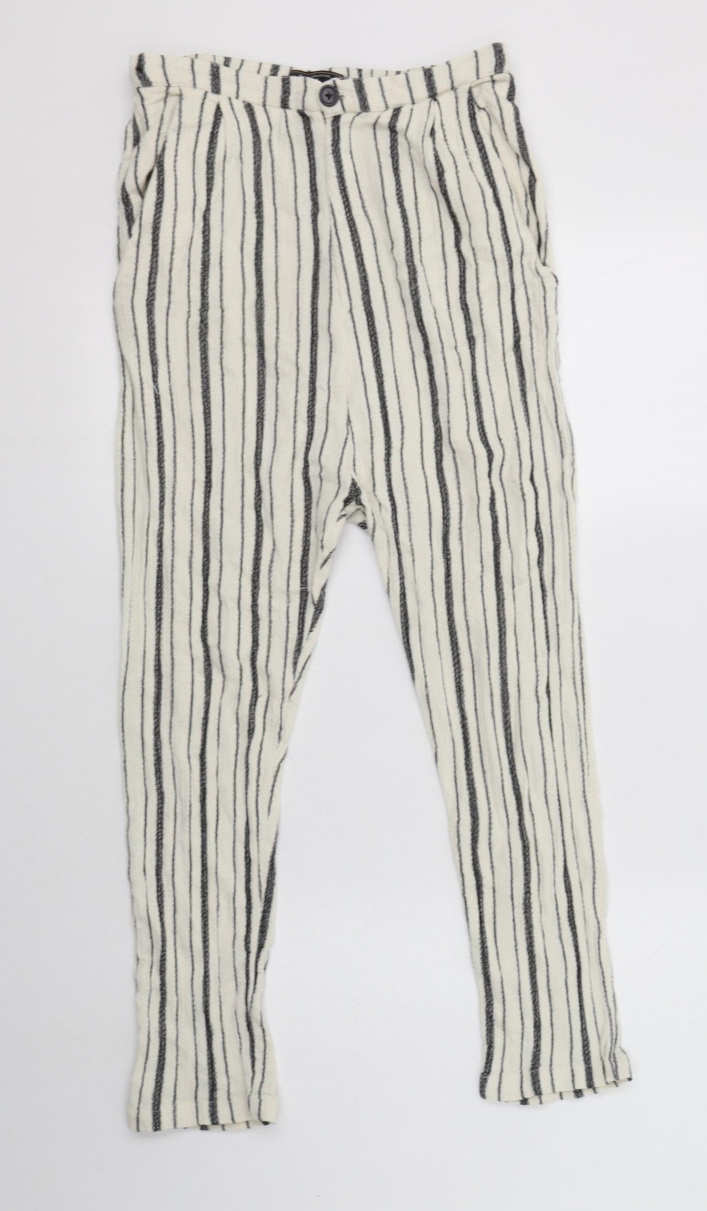 Zara Womens White Striped  Trousers  Size S L25 in Regular Button