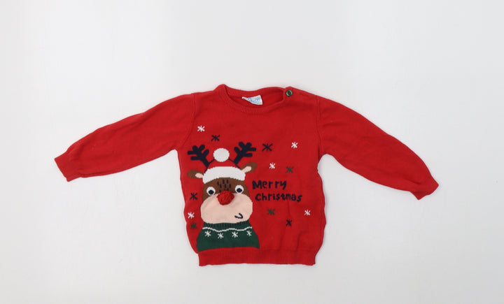 So Cute Baby Red Cotton Pullover Jumper Size 9-12 Months Button - Rudolph Christmas