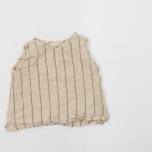 Arket Baby Beige Striped Linen Basic Blouse Size 6-9 Months Crew Neck Snap