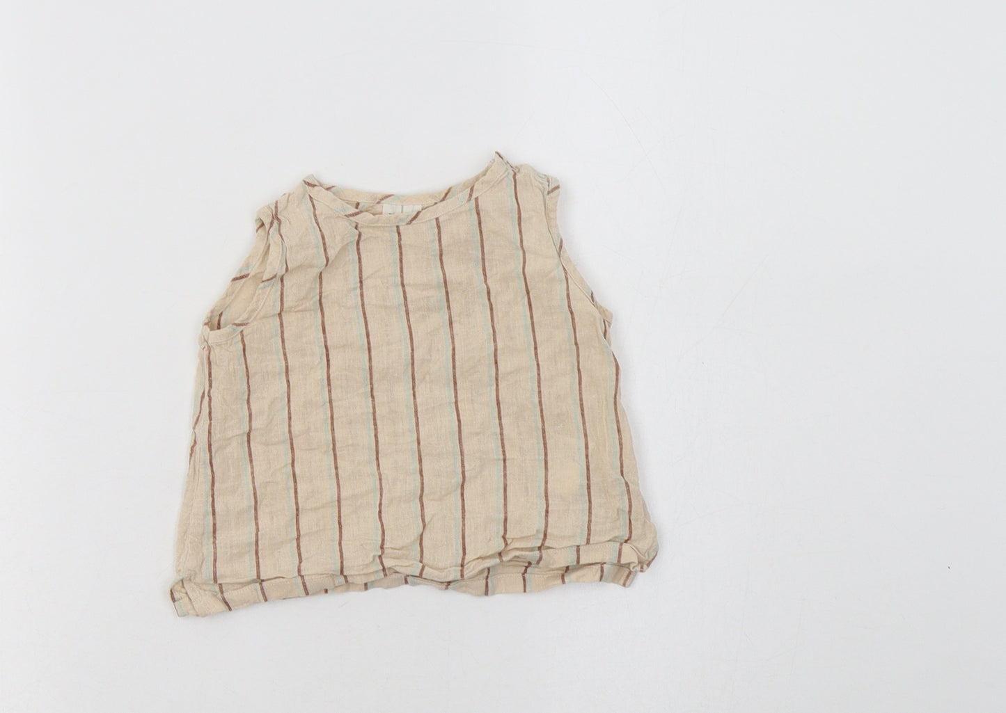 Arket Baby Beige Striped Linen Basic Blouse Size 6-9 Months Crew Neck Snap