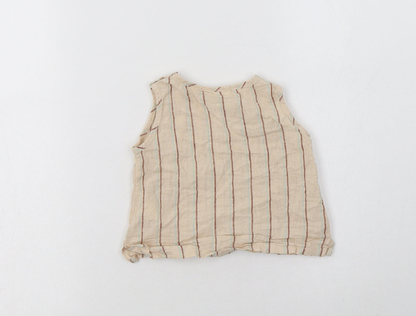 Arket Baby Beige Striped Linen Basic Blouse Size 6-9 Months Crew Neck Snap