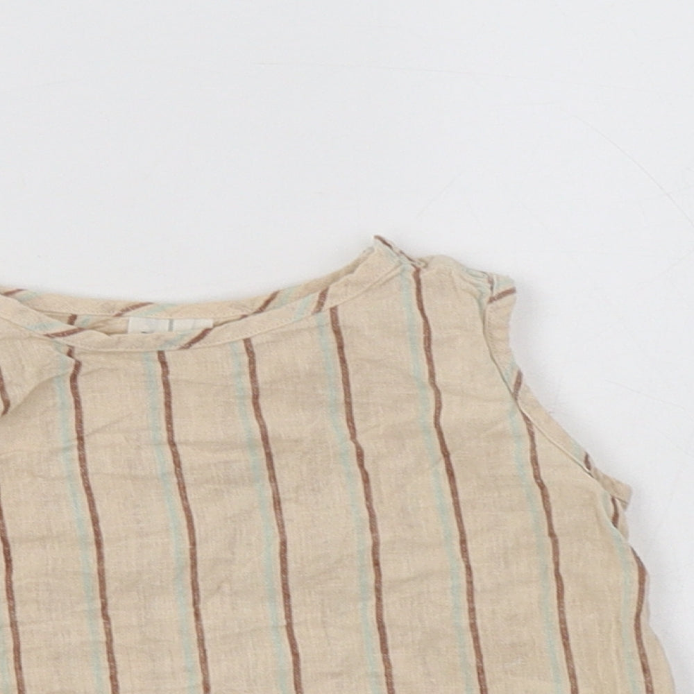 Arket Baby Beige Striped Linen Basic Blouse Size 6-9 Months Crew Neck Snap