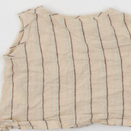 Arket Baby Beige Striped Linen Basic Blouse Size 6-9 Months Crew Neck Snap