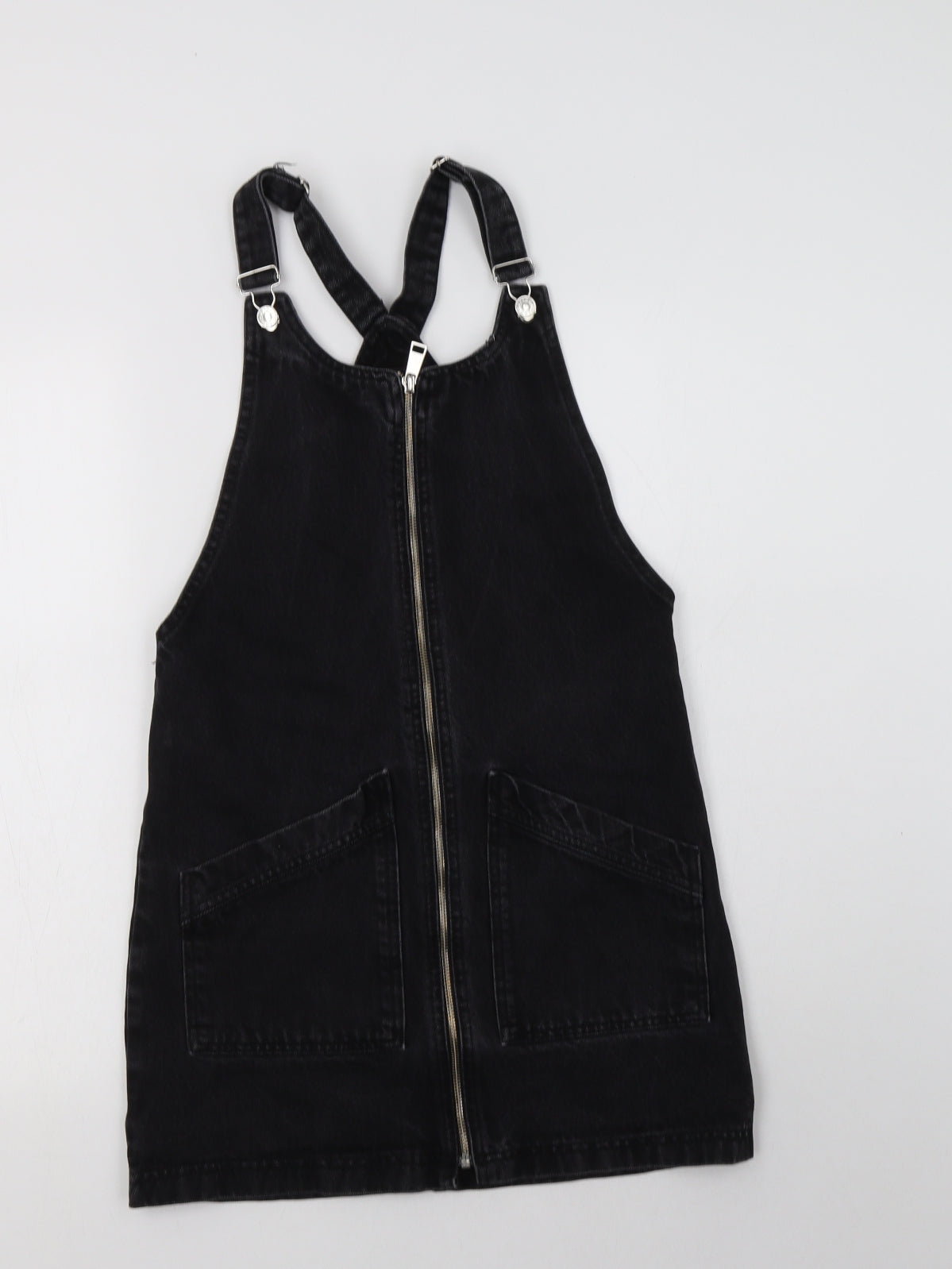 Topshop Womens Black  Cotton Pinafore/Dungaree Dress  Size 8  Square Neck Zip