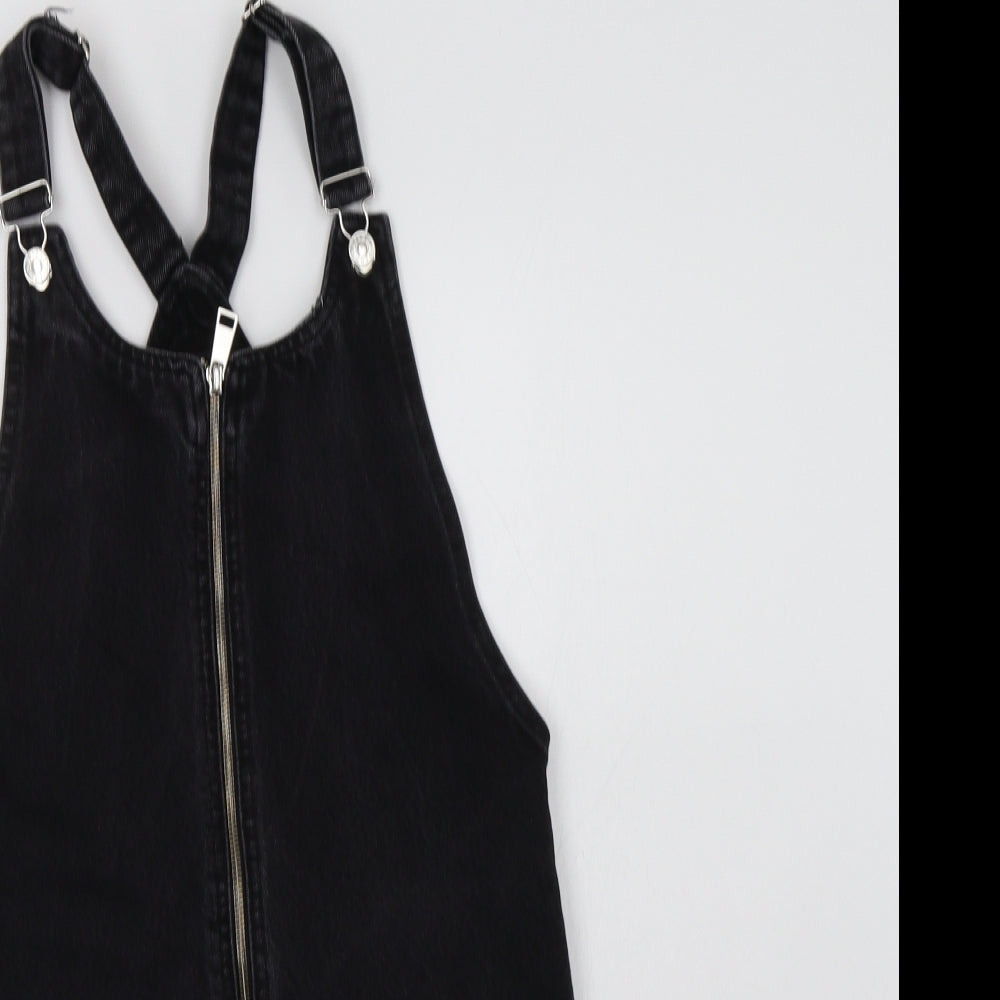 Topshop Womens Black  Cotton Pinafore/Dungaree Dress  Size 8  Square Neck Zip