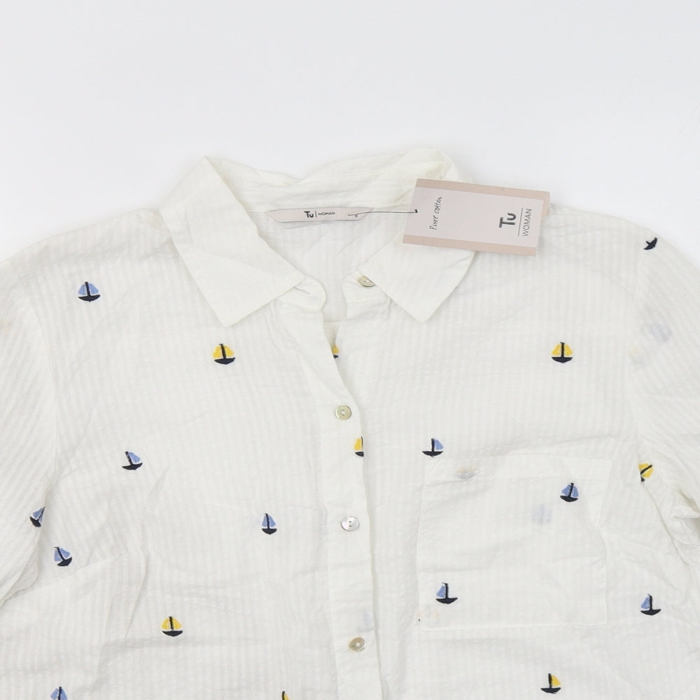 TU Womens White Geometric Cotton Basic Button-Up Size 8 Collared - Boat Print