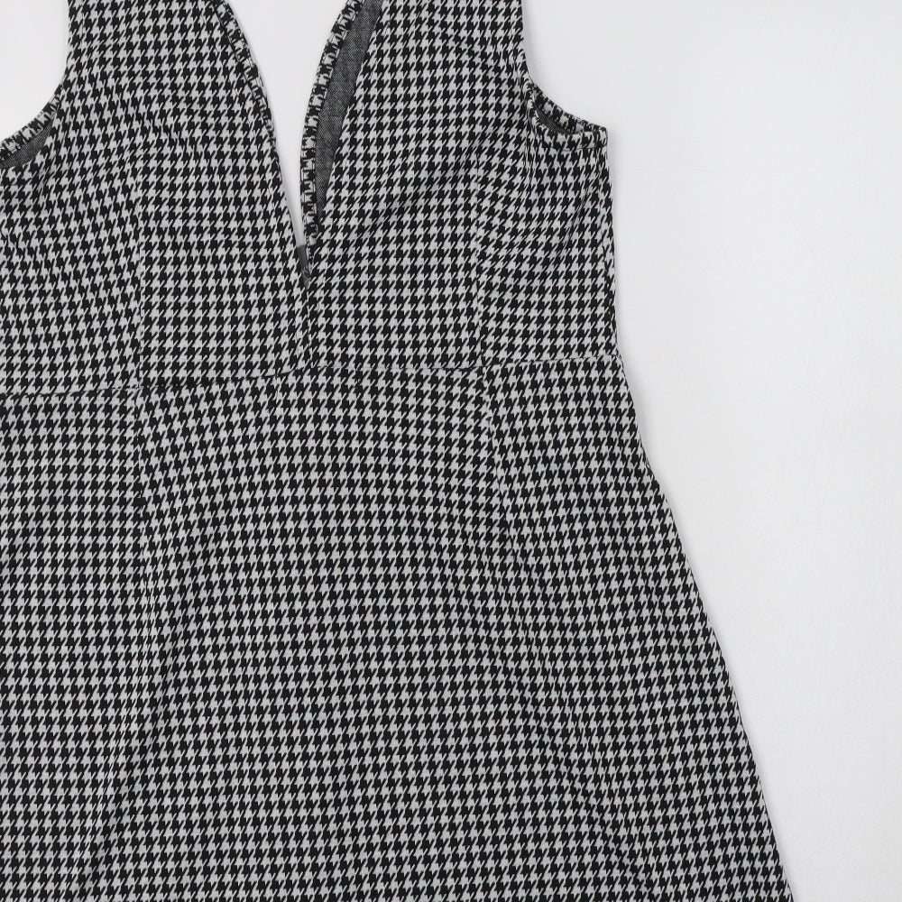 Primark Womens Black Houndstooth Polyester Pinafore/Dungaree Dress  Size 14  V-Neck Button