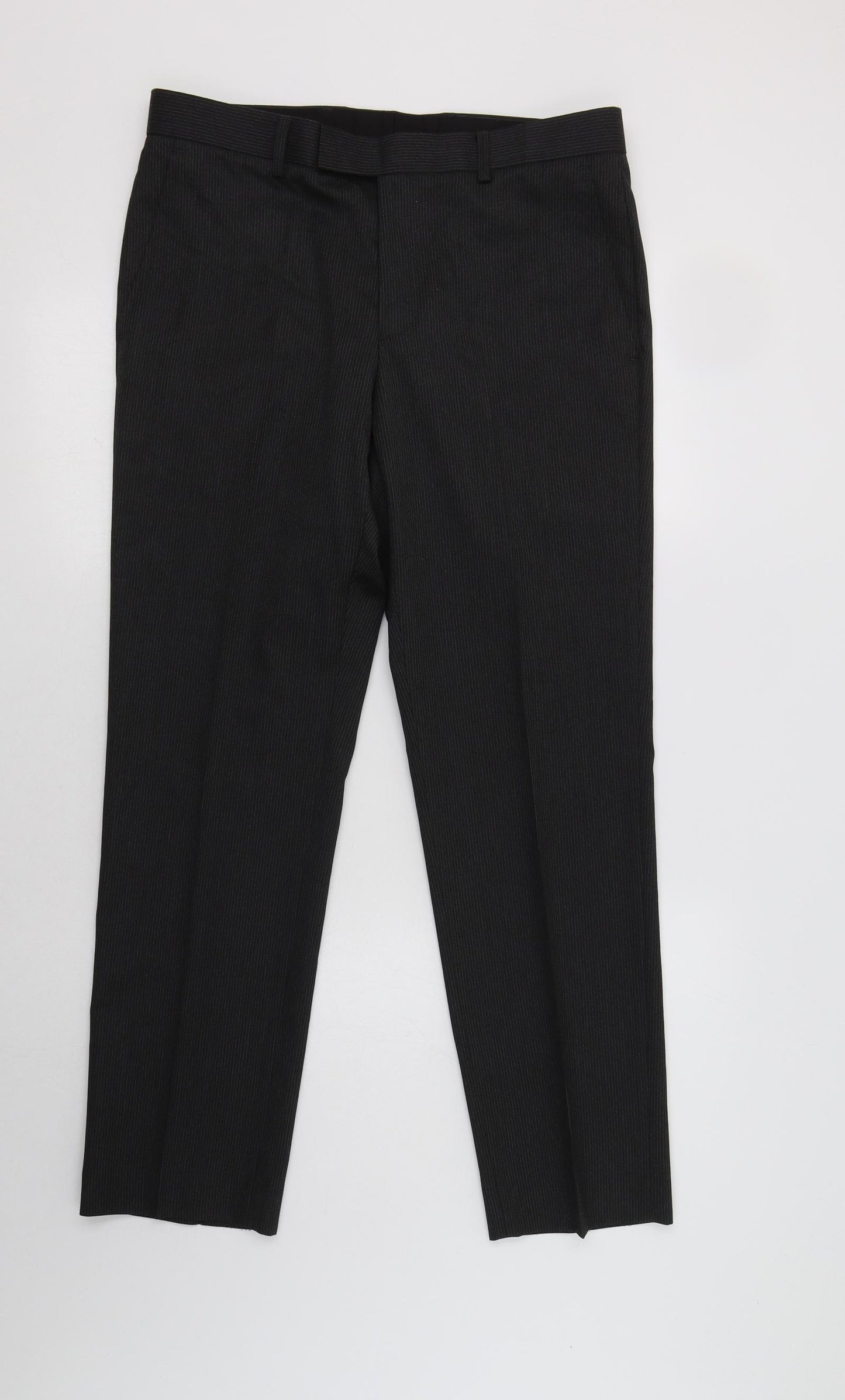 M&S Mens Black Striped Polyester Dress Pants Trousers Size 32 L29 in Regular Hook & Loop