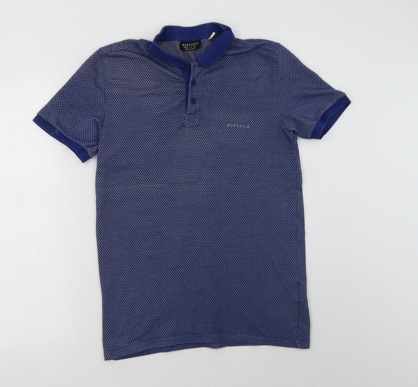 McKenzie Mens Blue Geometric Cotton  Polo Size S Collared Button