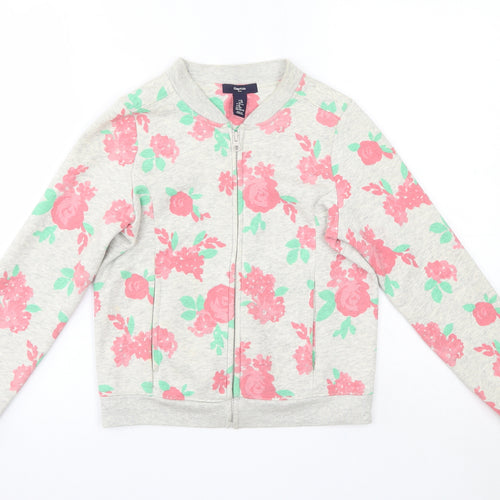 Gap Girls Grey Round Neck Floral Cotton Full Zip Jumper Size 12 Years