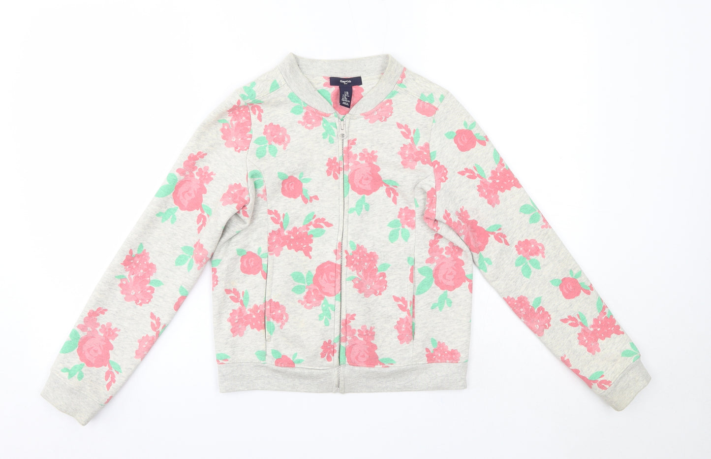Gap Girls Grey Round Neck Floral Cotton Full Zip Jumper Size 12 Years