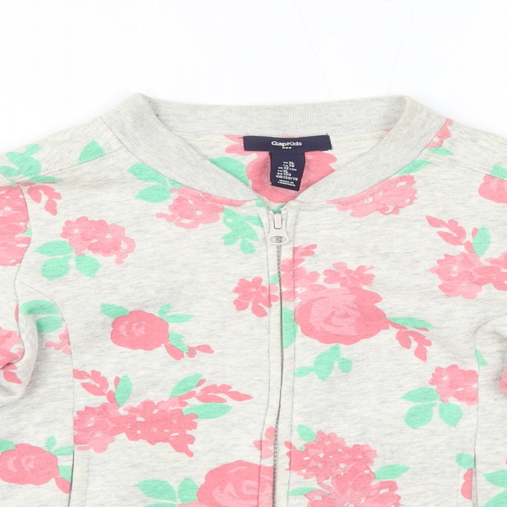 Gap Girls Grey Round Neck Floral Cotton Full Zip Jumper Size 12 Years