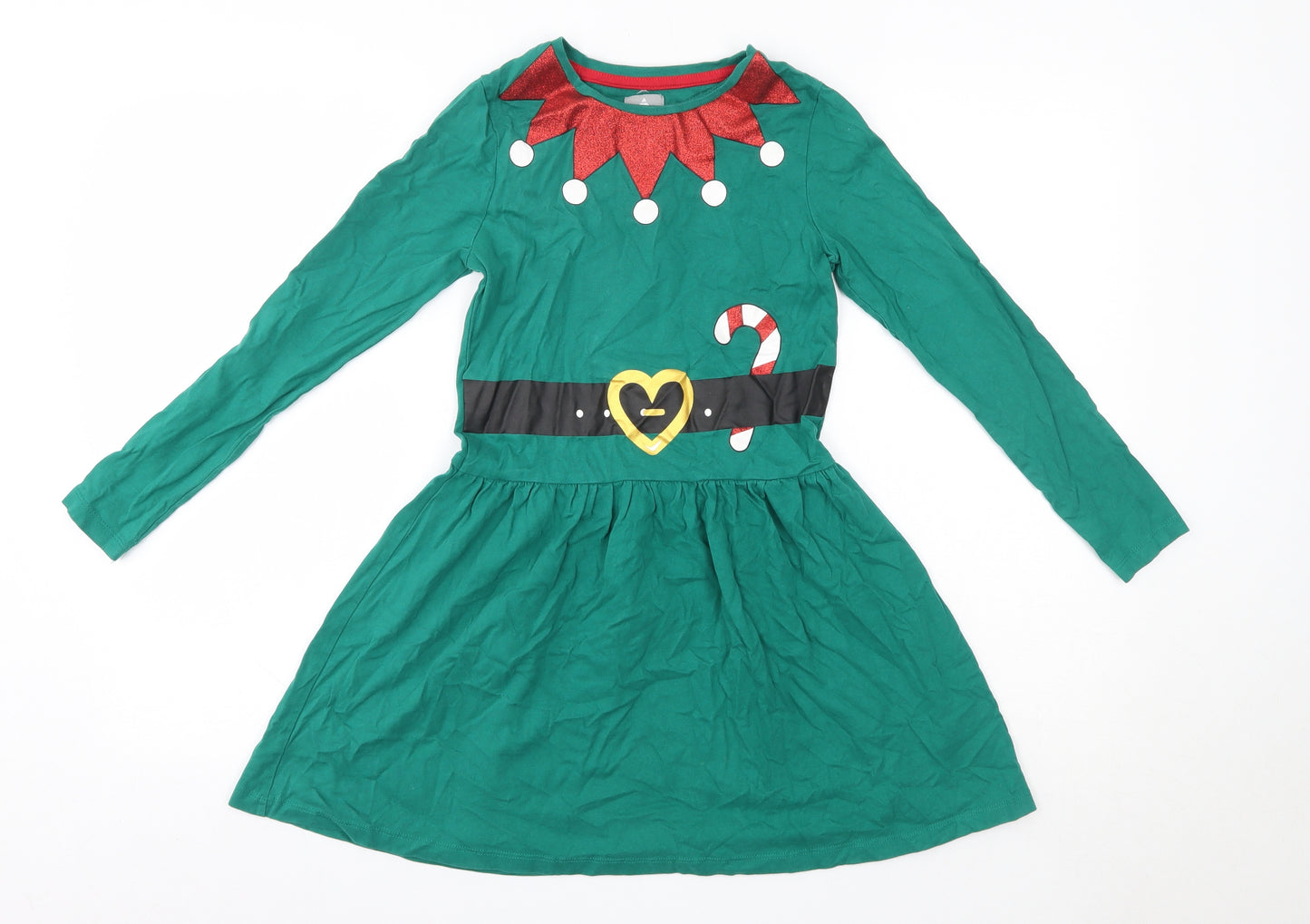 George Girls Green  100% Cotton A-Line  Size 9-10 Years  Round Neck  - Christmas Elf