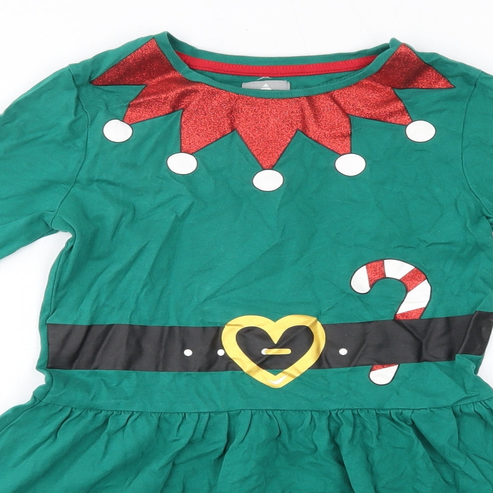 George Girls Green  100% Cotton A-Line  Size 9-10 Years  Round Neck  - Christmas Elf
