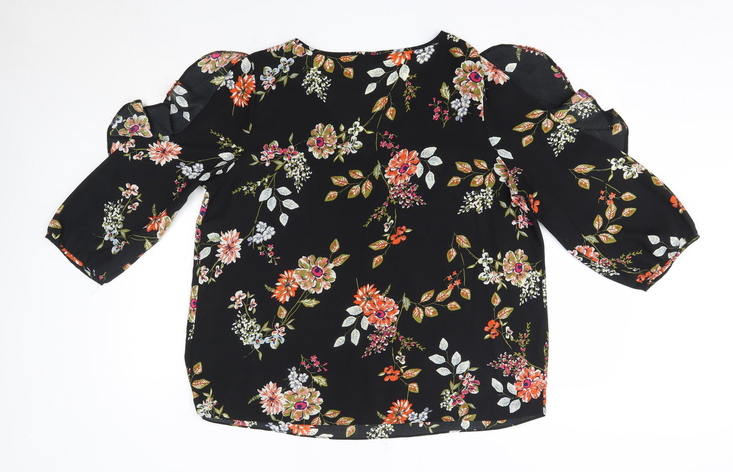 Matalan Womens Black Floral Polyester Basic Blouse Size 18 V-Neck