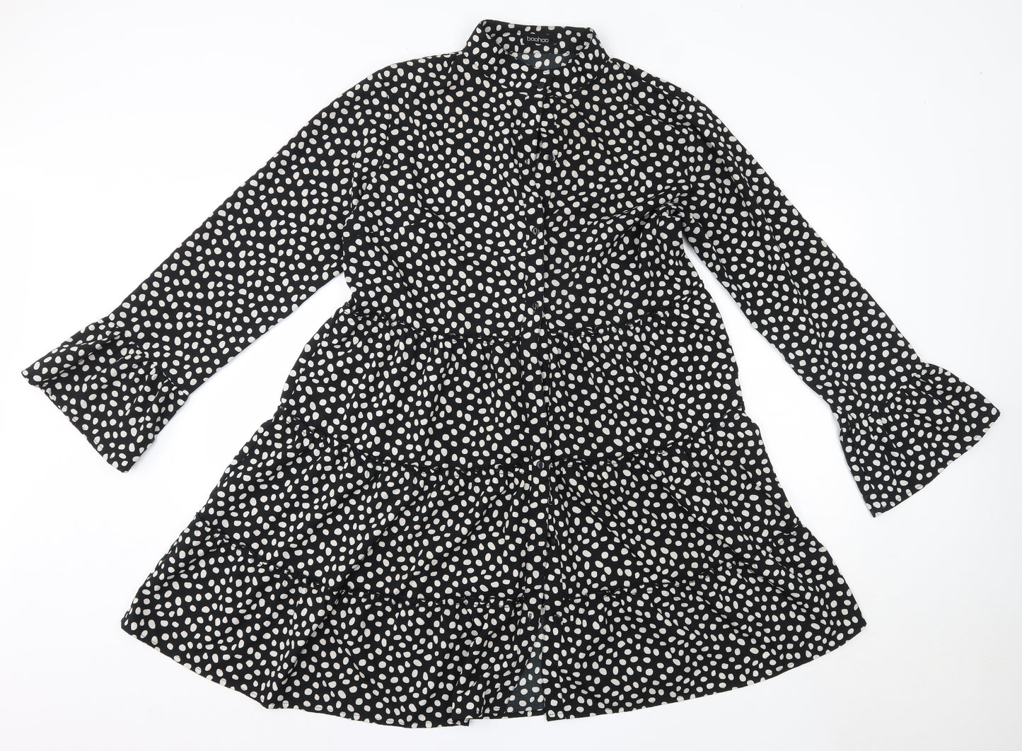 Boohoo Womens Black Polka Dot Polyester A-Line  Size 16  Round Neck