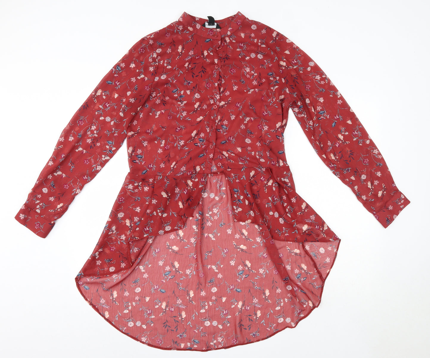 New Look Womens Red Floral Polyester Basic Blouse Size 14 Round Neck
