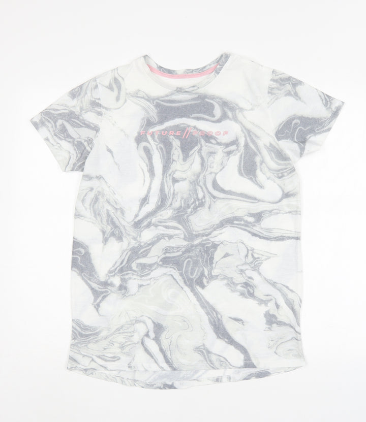 Primark Girls Grey Geometric Polyester Basic T-Shirt Size 13-14 Years Round Neck