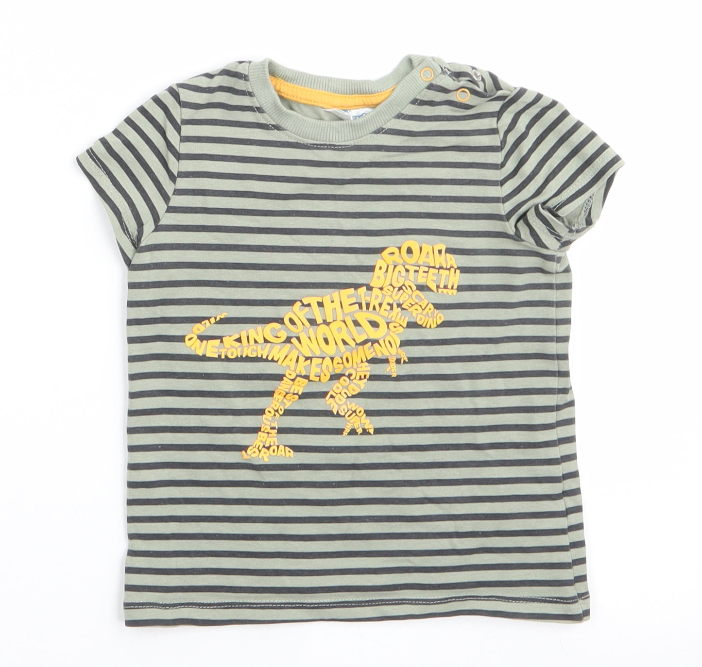 So Cute Boys Green Striped Cotton Basic T-Shirt Size 12-18 Months Round Neck Snap - Yellow Dinasour Roar Big Teeth King of the Rex
