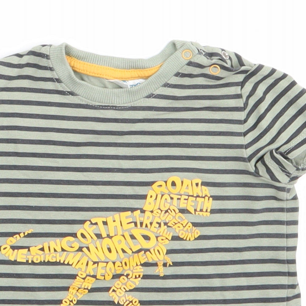 So Cute Boys Green Striped Cotton Basic T-Shirt Size 12-18 Months Round Neck Snap - Yellow Dinasour Roar Big Teeth King of the Rex