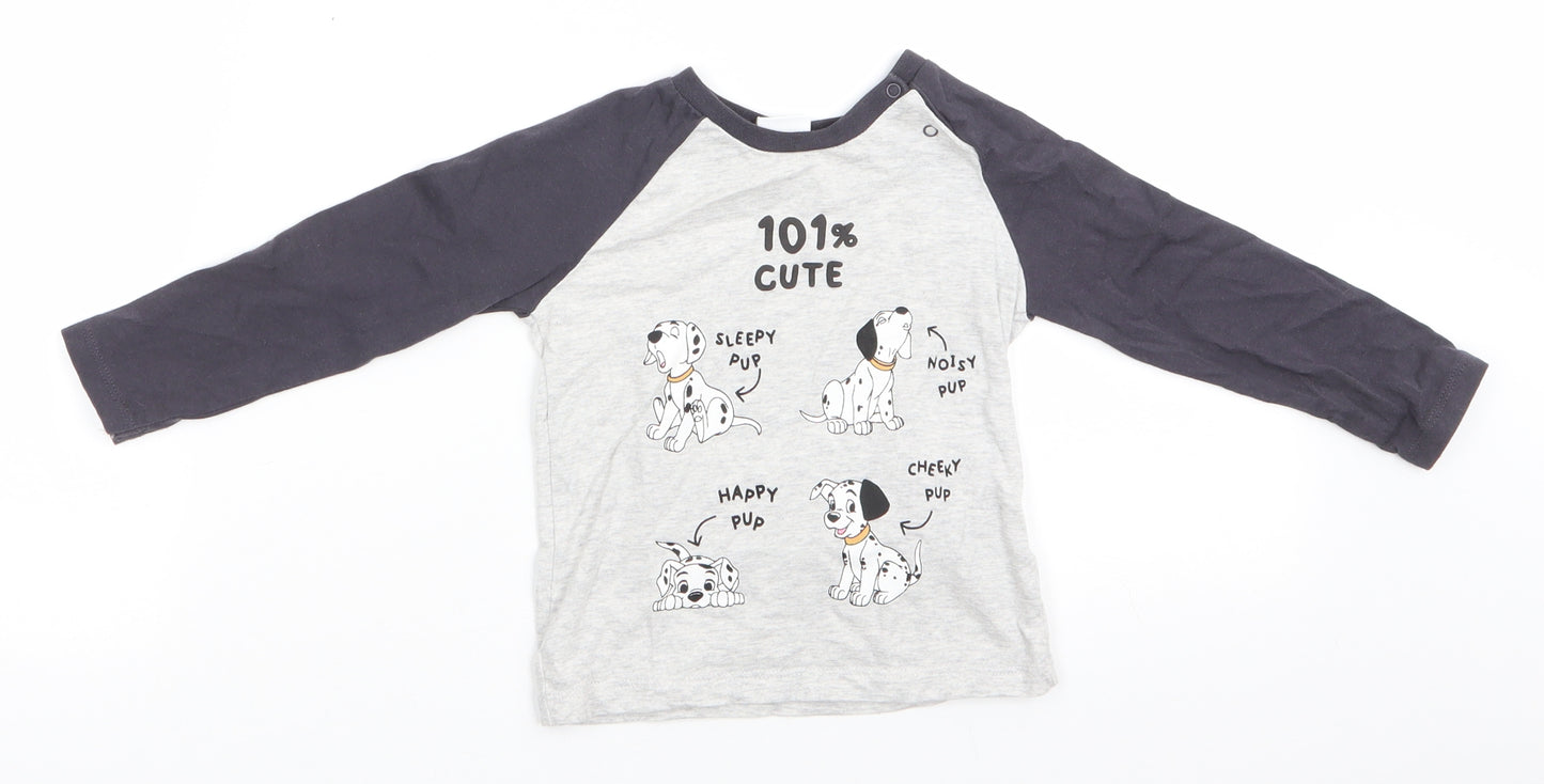 Disney Baby Boys Grey Animal Print Cotton  Pyjama Top Size 12-18 Months  Snap - Blue Sleeves 101 Dalmations