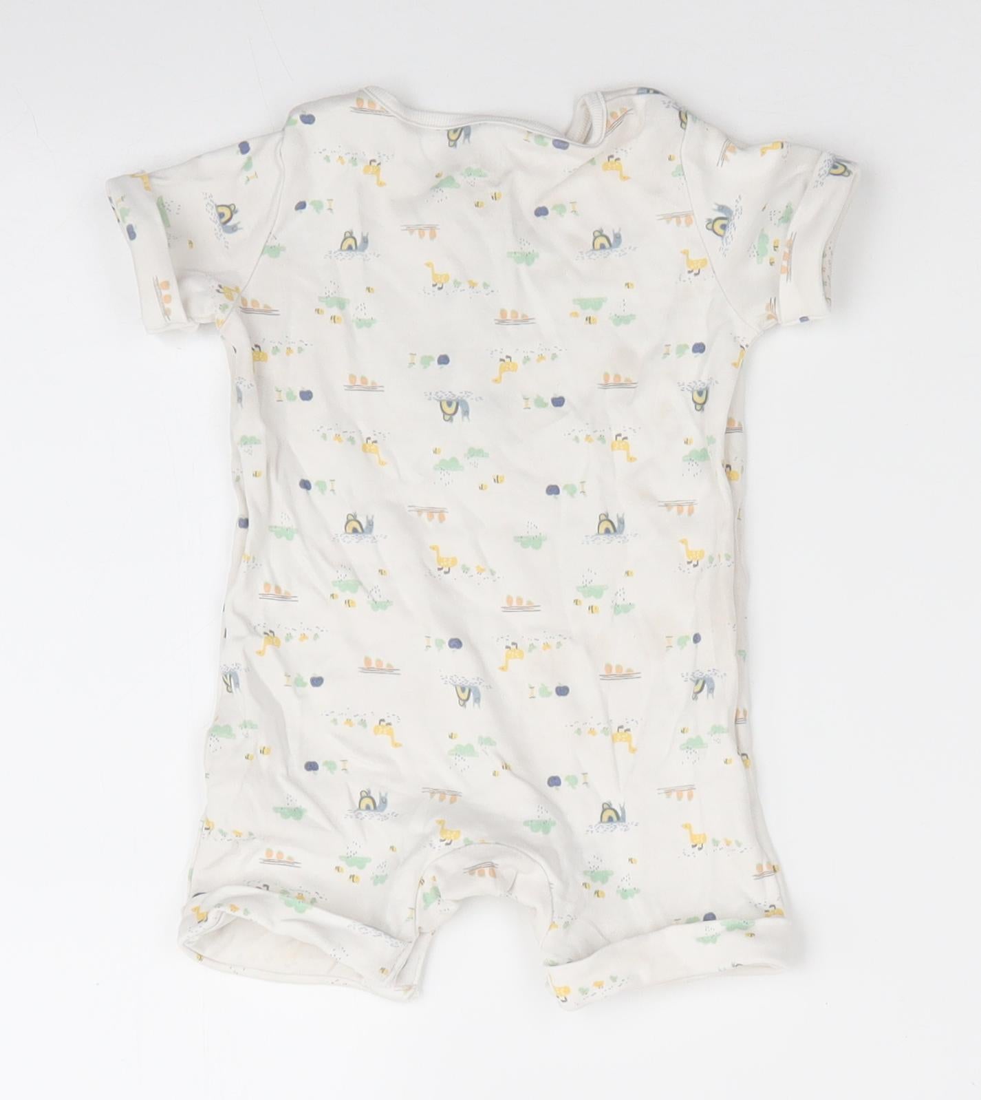 Fred & Flo Boys White Animal Print Cotton Romper One-Piece Size 3-6 Months  Snap - Ducks Snails Bees Apples Clouds