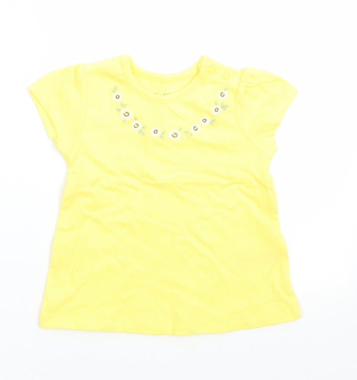 Nutmeg Girls Yellow Floral Cotton Basic T-Shirt Size 3-6 Months Round Neck Snap - Embroidered daisies around front neck