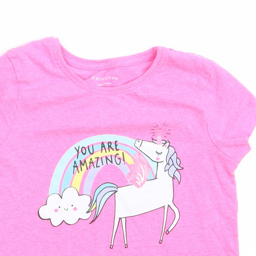 Primark Girls Pink Animal Print Cotton Basic T-Shirt Size 5-6 Years Round Neck Pullover - Bubble gum pink Unicorn Rainbow Cloud You are amazing