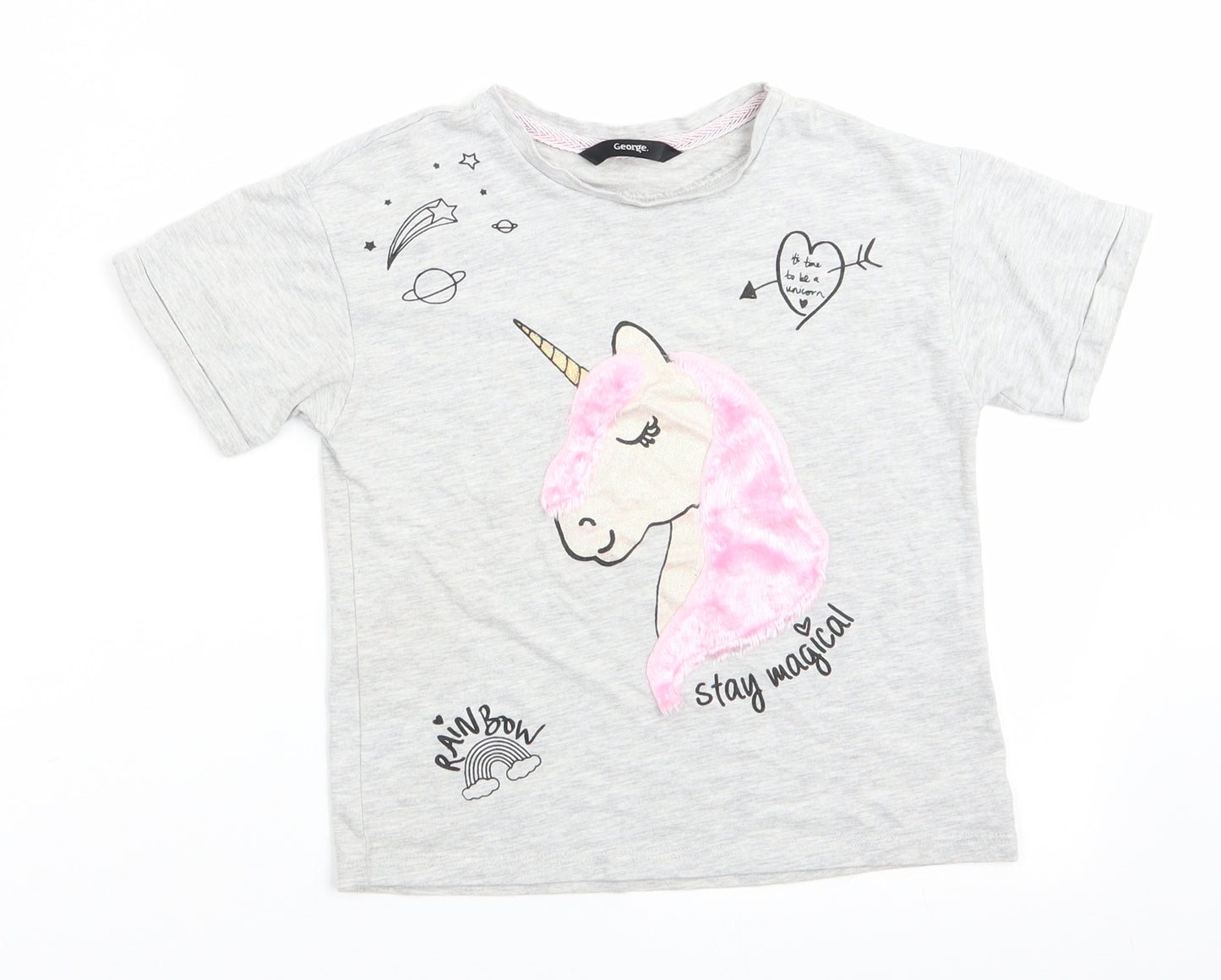 George Girls Green Animal Print Cotton Basic T-Shirt Size 5-6 Years Round Neck Pullover - Unicorn Stay Magical Pink fluffy mane