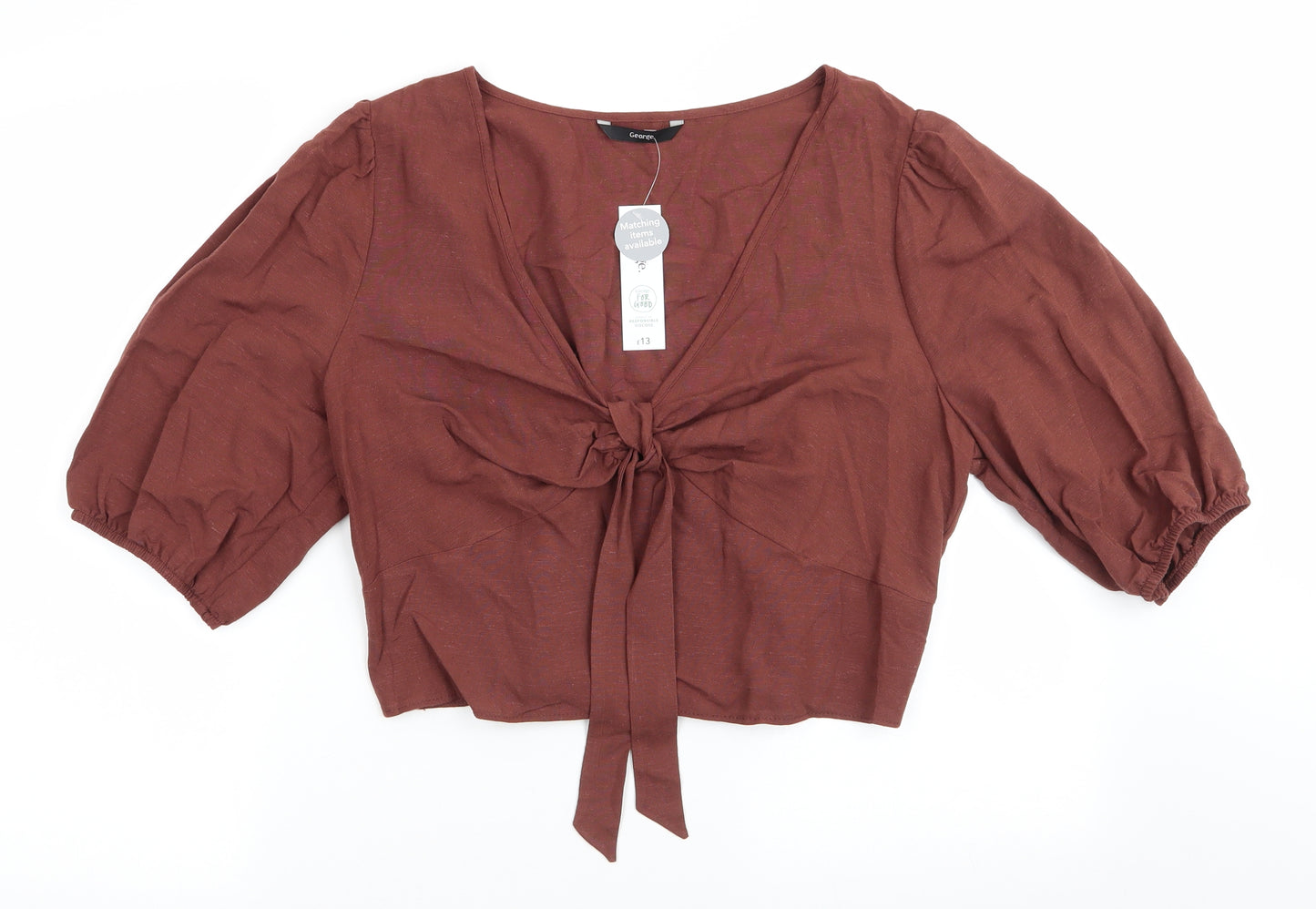 George Womens Brown  Viscose Basic Blouse Size 14 V-Neck - Linen look Chocolate Brown Elasticated lower back Tie front detail