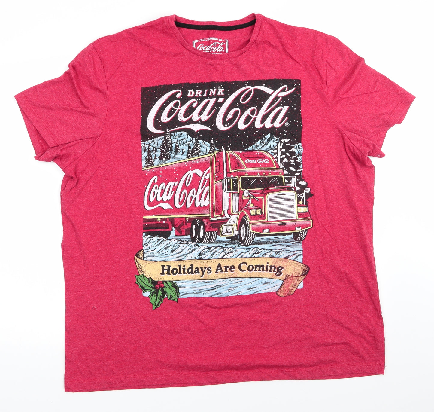 Coca-Cola by F&F Mens Red  Polyester  T-Shirt Size 2XL Round Neck  - Holidays Are Coming Christmas