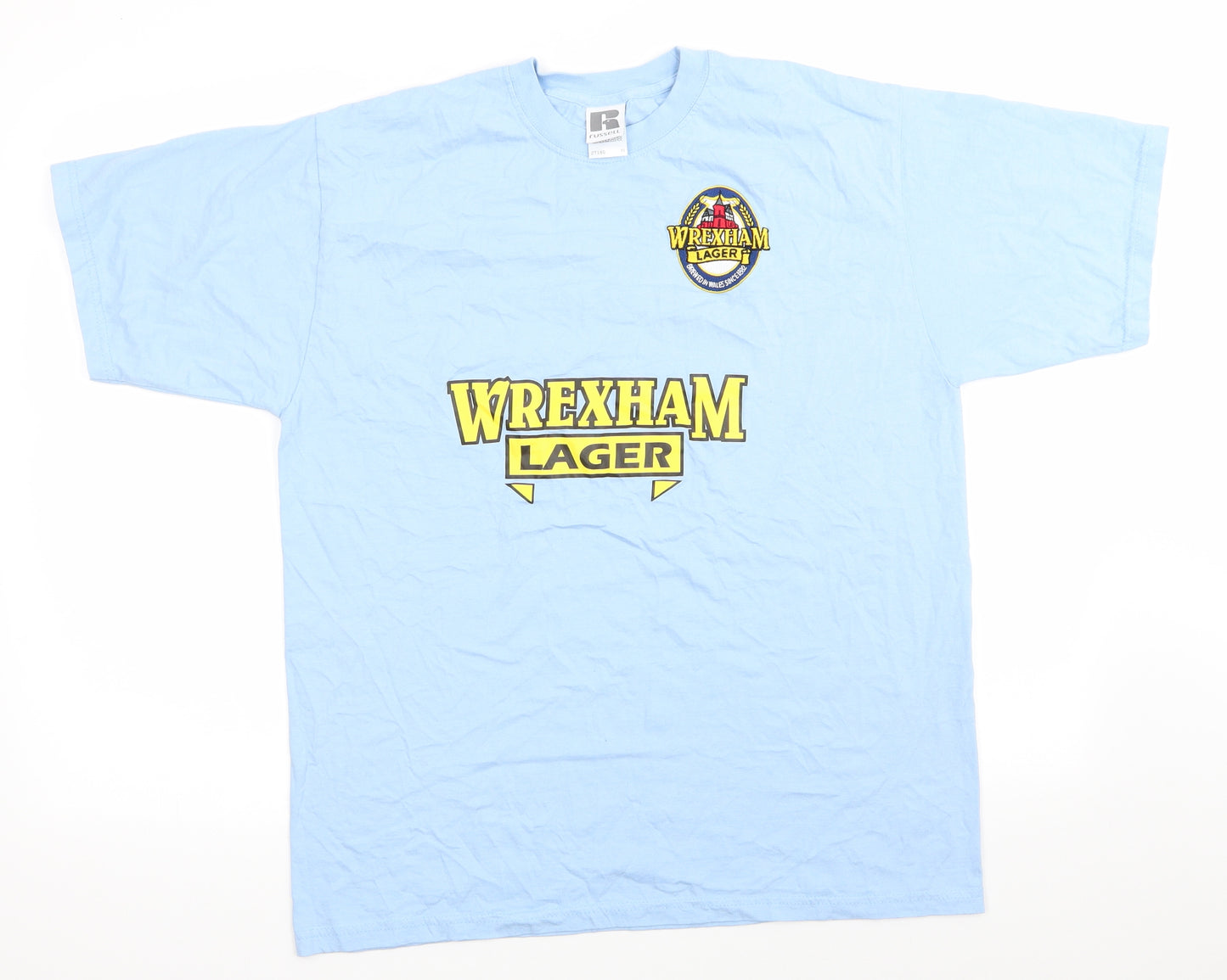 Russell Mens Beige  Cotton  T-Shirt Size M Round Neck  - Wrexham Lager Pale Blue