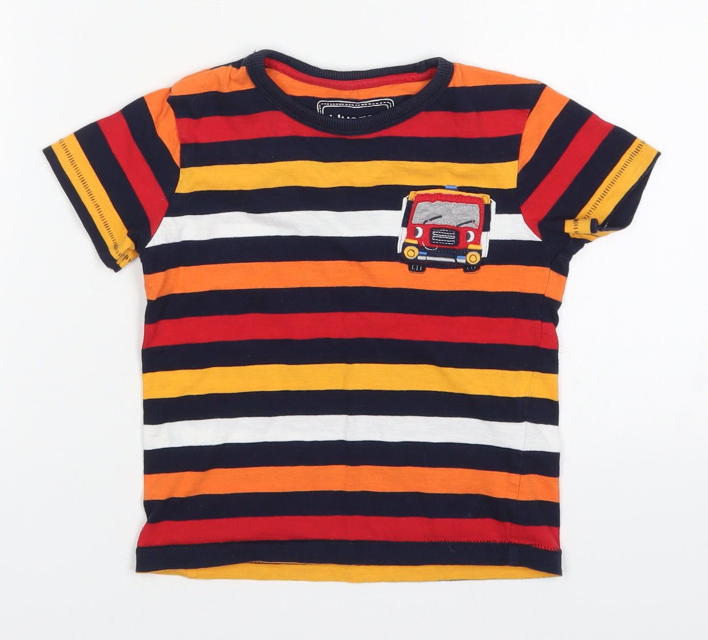 Blue Zoo Boys Multicoloured Striped Cotton Basic T-Shirt Size 3-4 Years Round Neck Pullover - Truck