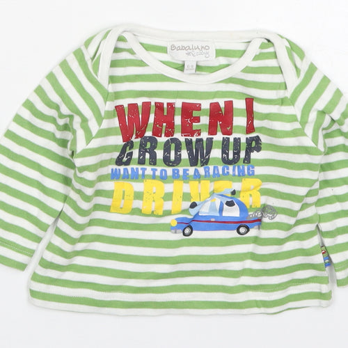 Babaluno Boys Green Striped Cotton Basic T-Shirt Size 6-9 Months Round Neck Pullover - When I Grow Up I Want to Be a Racing Driver